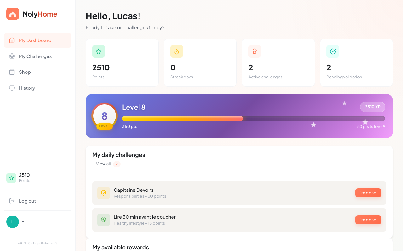 Dashboard enfant NolyHome — badges, niveau et progression personnelle