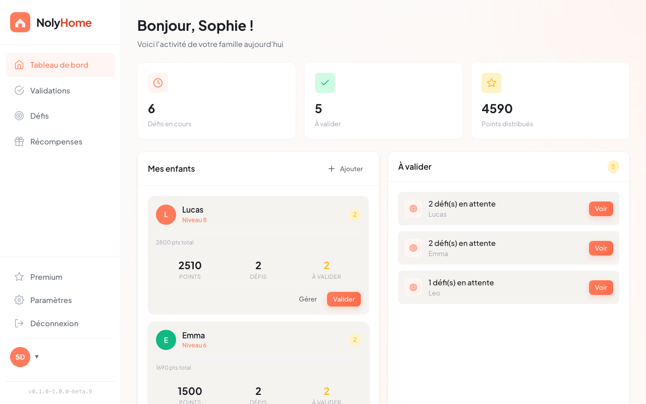 Dashboard parent NolyHome — vue d'ensemble des défis et de la progression des enfants
