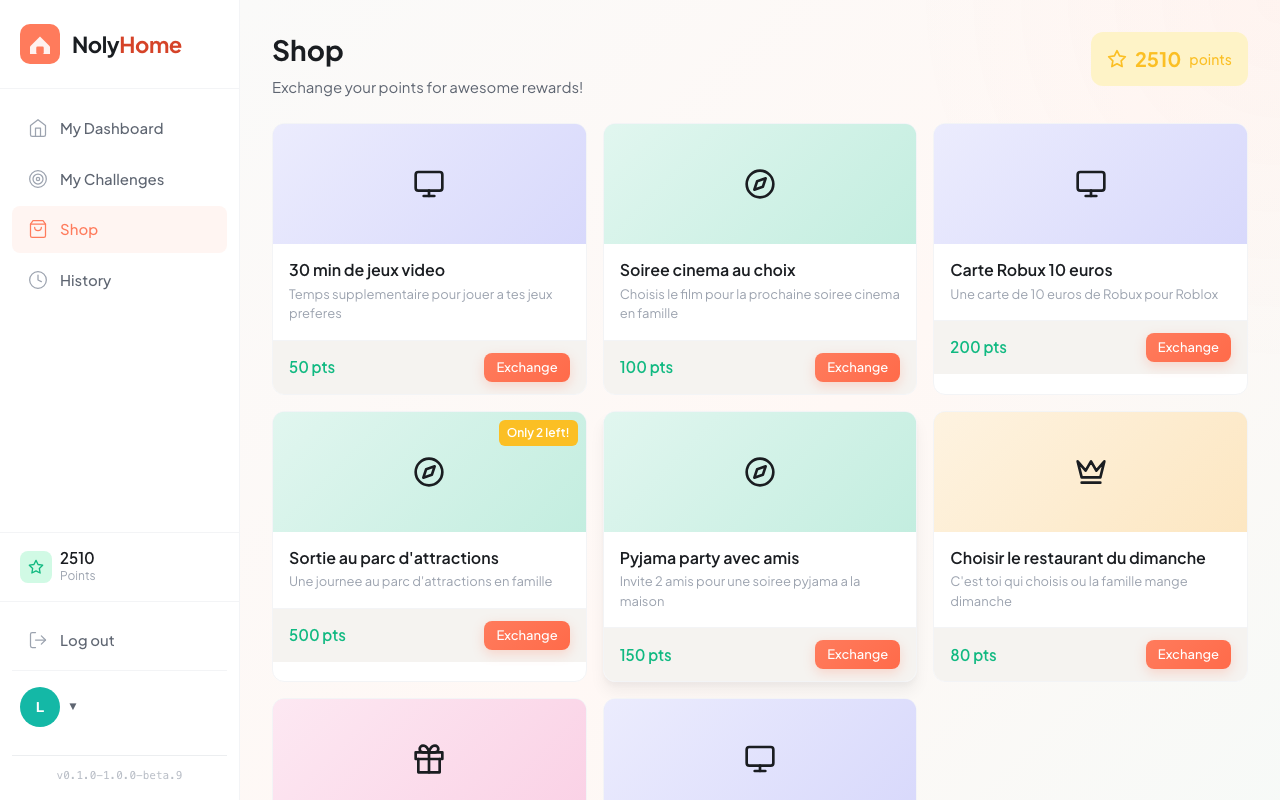 Boutique de récompenses NolyHome — échange de points contre des récompenses